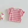 Camiseta Corta de Manga Corta Linda para Niñas 2026 Nuevo Verano Estilo Coreano para Bebés Camiseta de Manga Larga Rayada de Color Contrastante Tendencia de Moda de Verano para Niños