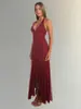 Vestido de fiesta cruzado para mujer, cuello halter, cuello en V, espalda descubierta, con amarre, dobladillo irregular, con volantes, estilo sirena