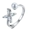 Anillo Abierto de Plata de Ley 925 con Elegante Diseño Floral, Exquisito Anillo de Perla Incrustado con Diamantes, Joyería de Plata de Ley de Moda Estilo Coreano al por Mayor