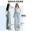 Jeans bordados de pierna recta para mujer, estilo delgado de verano, nuevo diseño de cintura alta y color claro 2025, pantalones anchos de pierna delgada