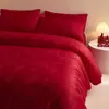 Algodão jacquard de alta qualidade para lavagem, conjunto de quatro peças para cama de casamento, capa de edredom grande vermelha de casamento, lençóis de edredom felizes para novo quarto de casamento