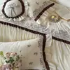 Bordado de encaje plisado estilo princesa, todo algodón, juego de ropa de cama cálido para camas individuales o dobles, tejido de algodón puro cepillado, juego de tres o cuatro piezas, Holiday Champs-Elysees