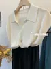 Verão na Coreia do Sul! Suéter Pulôver de Seda Gelada com Manga Meia Manga, Gola Polo com Lapela e Detalhe de Concha, Top Feminino