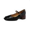 Simples All-match Full Leather Base Mary Jane Shoes 2023 Primavera Grosso Salto Médio Cowhide Square Toe Buckle Single-layer Shoes para Mulheres