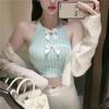 2 023 Verão Novo Bonito Costas Pequeno Colete Feminino Design Sense Internet Celebridade Short Bow Knitted Neck