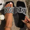 Pantuflas planas de una línea con pedrería para mujer, pantuflas de casa sin cordones de punta cuadrada, pantuflas planas de talla grande para exportación