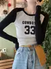 Nova Camiseta Top de Manga Longa com Estampa Estilo Americano para Outono, com Painéis de Cores Contrastantes, Gola Redonda, Modelagem Justa, Tendência para Usar como Base