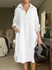 Vestido de Mujer Transfronterizo Amazon 2025 Camisa de Algodón y Lino Vestido Largo Moda Casual Manga Larga Vestido Cárdigan