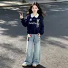 Sudadera con Patchwork y Ribete de Encaje para Niñas, Cuello Polo, Conjunto Casual de Dos Piezas para Primavera/Otoño con Jeans