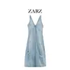 Vestido jeans ZARZ novo estilo europeu e americano com decoração de furos clássica para mulheres 4365082