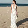 Estilo Férias 2026 Jacquard Vazado Sexy Vestido Longo Maiô de Três Peças Biquíni Sexy com Amarração no Pescoço Feminino Praia
