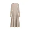 Sempre lindo~ Vestido de malha canelada de cashmere com gola redonda para outono e inverno para mulheres, vestido base de malha de manga comprida, saia longa interna