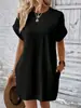 Amazon 2024 Nuevo Vestido Casual de Color Sólido con Cuello Redondo y Manga Murciélago con Bolsillo Invisible Europeo y Americano