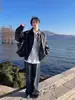 Jaqueta de Couro Masculina 2025 Primavera Outono Tendência Retro Americano Desgastada Cool Vibe de Luxo Estilo de Rua Jaqueta de Couro Solta Marrom