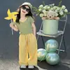 Conjunto de Verão Estilo Dopamina para Meninas, Novo Conjunto de Três Peças da Moda com Top de Manga Curta e Calça Longa para Meninas Mais Velhas