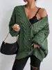 Suéter de Punto Cruzado Estilo Europeo y Americano para Mujer, Elegante y Casual, Corte Holgado, Estilo Perezoso, Mangas de Linterna Acanaladas, Cárdigan de Punto