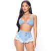 Pantalones Cortos de Mezclilla Triángulo Transfronterizos Europeos y Americanos de Borde Crudo con Tirantes para Cadera Ropa de Club Bikini Traje de Tirantes Moderno y Genial