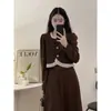 Conjunto de dos piezas de pana con volantes, estilo Chanel, de temperamento, falda midi de cintura alta, conjunto de otoño, ropa para mujer