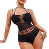 Lencería sexy europea y americana transfronteriza, body transparente seductor de cuello halter con transparencias y huecos, conjunto de malla sin espalda moldeador