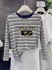 Camiseta estilosa de algodão puro com listras e manga longa para mulheres, versão coreana, moderna e versátil, top que afina a silhueta, camiseta básica para o outono
