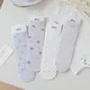 Meias de Cano Médio com Vibe Minimalista, Estilo Japonês, Primavera/Verão, Meias de Cano Médio Roxo com Urso e Flores, Estilo College, Alto Teor de Algodão
