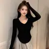Camiseta Base de Modal Negra Cuello Cuadrado para Mujer Principios de Otoño Dobladillo Curvo Manga Larga Camiseta Sentido del Diseño Interior Top de Cuello Bajo en U