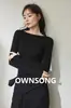 Camisa Básica de Tricô Cashmere e Seda Peça Única Redonda para Mulheres Outono Suéter Slim de Manga Longa com Gola Redonda para Mulheres
