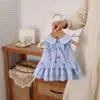 Macacão Vestido Bebê Xadrez Azul de Verão Sem Mangas Vestido Infantil Roupa de Menina Macacão Bebê