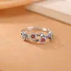 Anel Flor de Ameixa Aberto Vintage Desgastado Personalizado de Prata Esterlina S925 com Turquesa e Ágata Vermelha do Sul Yiluyin