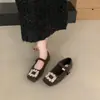 Zapatos Mary Jane Planos para Mujer, Estilo Nuevo 2025, Forrados de Felpa para Otoño/Invierno, con Hebilla Cuadrada y Pedrería, Zapatos de Algodón Elegantes y Cálidos