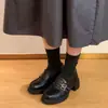 Mocasines de Estilo Británico con Suela Gruesa para Mujer, Tacón Grueso, Punta Redonda, Zapatos de una Sola Pieza, Estilo Retro Academia, Zapatos Pequeños de Cuero, Mocasines sin Cordones Negros