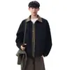 Jaqueta de lapela color block estilo americano para homens, jaqueta curta preta de outono, imitação de duas peças com gola patchwork, casaco casual de workwear
