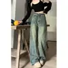 Plus Size Retro American Jeans Feminino Primavera e Outono Nova menina gordinha Cintura Alta Emagrecimento Solto Perna Reta Calças de Perna Larga