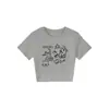 Camiseta Feminina de Verão Novo Estilo, Gola Redonda, Manga Curta, com Estampa de Gato Cartoon, Cropped Slim