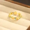 Anillo Retro Estilo Francés Europeo y Americano Dorado Cepillado, Anillo de Zirconita Azul de Lujo Ligero de Moda para Mujer