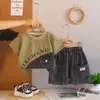 Ropa Moderna para Niños 2026 Verano Nuevo Estilo Moda Callejera Casual para Niños Conjunto de Dos Piezas de Manga Corta Pantalones Cortos de Mezclilla Finos para Bebé
