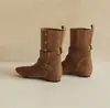 Botas de Cano Médio com Salto Bloco Apontadas e Fivela para Mulheres, Moda Retrô Primavera/Outono 2026, Novo Estilo com Design Dobrável e Forro de Camurça