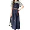 Fat Sister 2025 Verão Novo Design de Costura Senso de Moda Cinto Moda Vestido Falso Duas Peças Cor Contrastante Simples Slim Fit