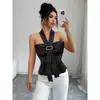 Nueva Camisola de Verano para Mujer, Elegante, Color Sólido, Hebilla Metálica Decorada, Cuello Halter, Adecuada para Salir a Citas
