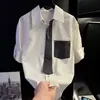 Camisa masculina de manga curta listrada, camisa casual de negócios de alta qualidade, camiseta versátil de manga curta color block nova e moderna