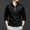 Popular Camisa Polo Cepillada de Media Cremallera Manga Larga para Hombre Cuello Solapa Primavera y Otoño Seda de Morera Tops para Hombres de Mediana Edad Camiseta