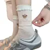 Calcetines de verano finos para mujer con estampado de oso, calcetines largos huecos, absorbentes de sudor y transpirables, color rosa, calcetines de longitud media modernos y versátiles