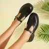 Sapatos Femininos Oxford com Bico Redondo, Sola Grossa, Salto Médio Robusto, Tira em T, Estilo Britânico Simples, Sapatos Femininos Casuais de Bico Baixo