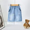 Shorts de Mezclilla con Dibujo de Gato para Bebé Niña Pantalones de Pierna Ancha hasta la Rodilla con Borde de Encaje Cintura Elástica Shorts Lindos