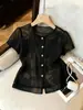 Blusa Feminina de Manga Curta Levemente Luxuosa com Gola Redonda, Cardigan Curto Fashion com Ajuste na Cintura Slim-Fit - Cruzamento Europeu e Americano Amazon