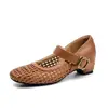 Versión de Piel de Vaca~Zapatos Mary Jane Tejidos Huecos Estilo Francés con Aumento Oculto de Altura, Punta Cuadrada Femenina, Correa Única, Zapatos Planos Simples Estilo Coreano