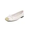 Versión de Piel de Vaca del Mismo Estilo Estilo Ballet Empalme Punta Cuadrada Pequeña Boca Baja Zapatos Planos sin Cordones Planos con Lazo Mujer Piel Genuina