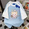 Camiseta Color Block Manga Curta Estampada Doce e Fofa 2025 Verão Novo Estilo Casual Solta Simples Tops de Casal