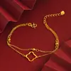 Pulseira Versátil de Liga de Cobre para o Dia a Dia com Design Moderno, Camada Dupla, Trevo de Quatro Folhas, Pulseira de Linha Dupla, Joia para Mulheres, Direto do Fabricante