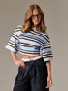 Camiseta corta a rayas Y2K transfronteriza europea y americana más vendida para mujer, corte holgado, adelgazante, cuello redondo, manga media, estilo casual y cropped